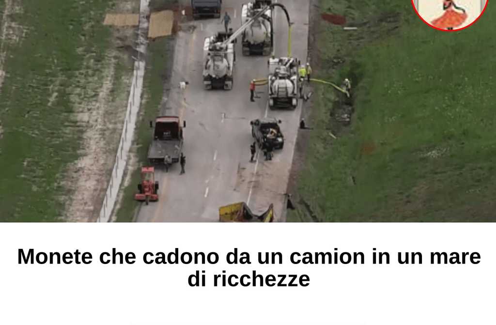 Monete che cadono da un camion in un mare di ricchezze