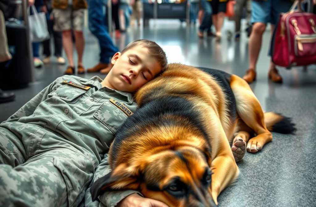 Viajeros en el aeropuerto vieron a un hombre uniformado en el suelo — hasta que su perro ladró a quien se acercaba